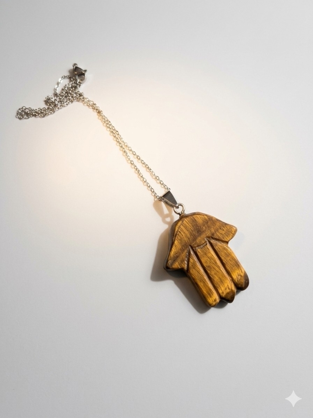 Hamsa Hand Pendant Necklace - Brown Stainless Steel Silver Chain